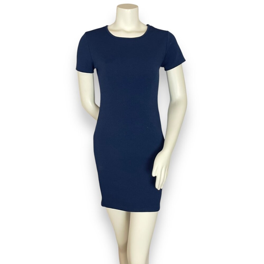 Vintage Y2K Dress Short Sleeve Navy Blue Round Neckline Stretch‎ Bodycon Simple